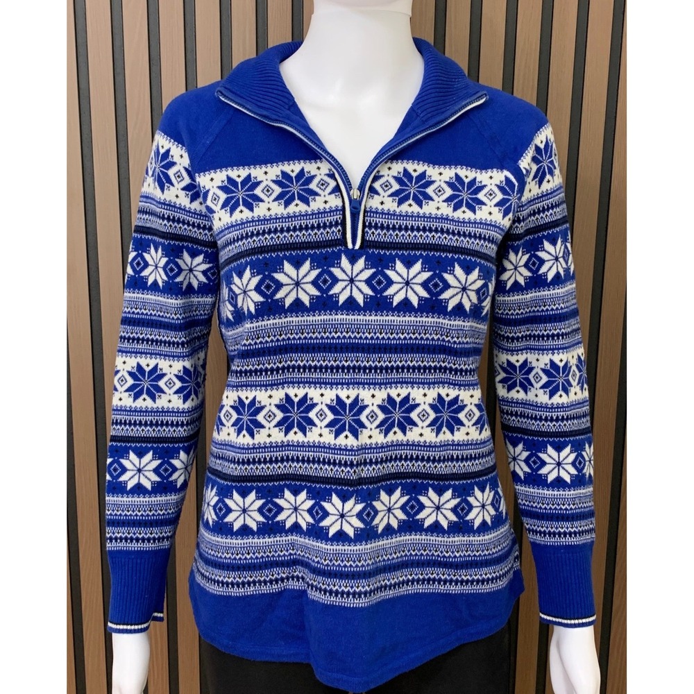 Talbots Women's‎ Blue White Fair Isle Snowflake Quarter Zip Sweater Sp Nordic